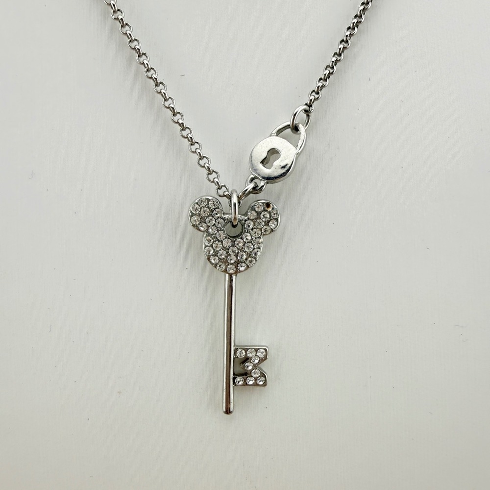 Disney Mickey Mouse Key Pendant Necklace Rhinestone Silver Tone Y2K